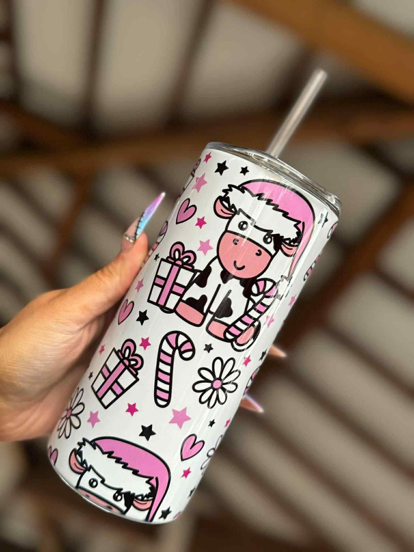 Pink Festive Cow 15oz Tumbler